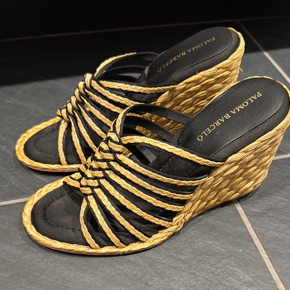 Paloma Barcelo Black and Natural Wedge Sandals